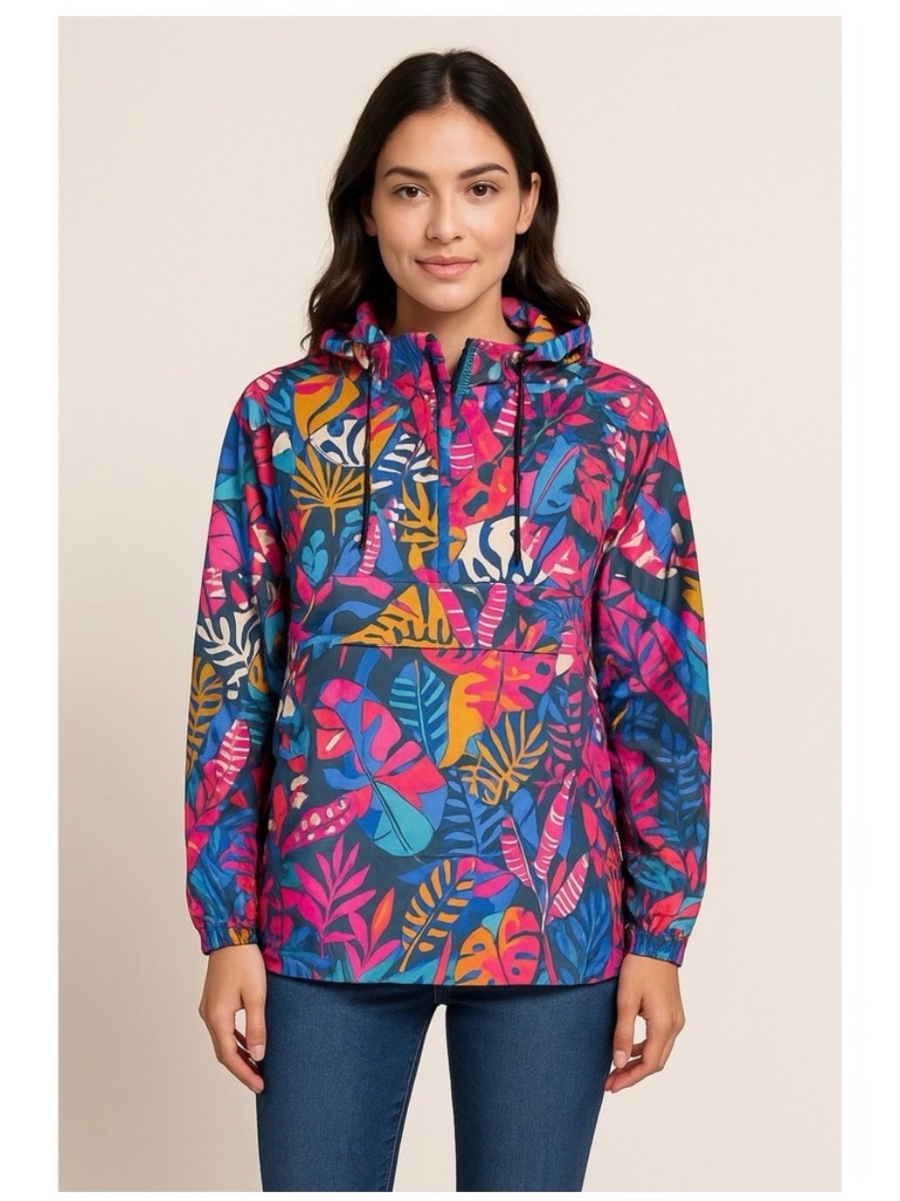 Lauren James Tropical-Print Water-Resistant Anorak Pullover Jacket Size XLarge